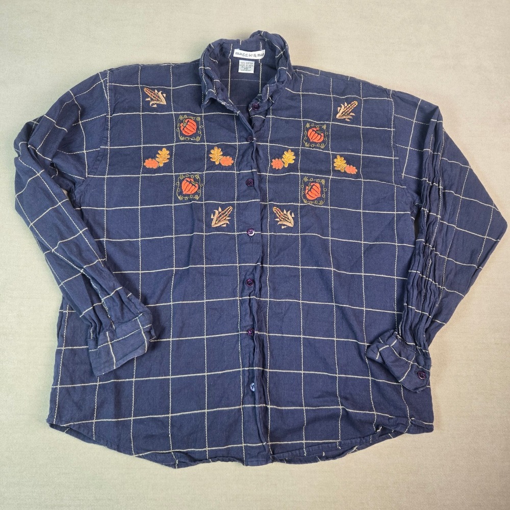 Maggie & Max Button Up Shirt Womens Navy Plaid Pumpkin Leaf Fall Embroidered Top